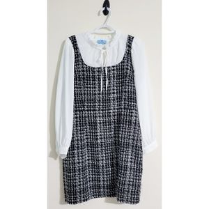 Cece Women's Dress Large Black White Tweed Long Sleeve ruffle collar tie